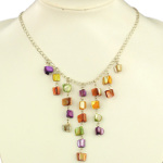 Multi Color Lustrous Shell Bead on Silver Tone Chain Necklace