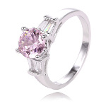Platinum Plated Silver Tone Round Pink & Clear CZ Cocktail Ring