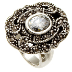 Sterling Silver Filigree Marcasite & Clear CZ Ring