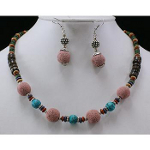 Boho Dyed Pumice Lava Wood & Turquoise Bead Necklace Earring Set