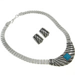 Modern Silver Tone Turquoise Cab Necklace & Earrings Set