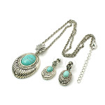 Turquoise Gemstone Silver Tone Rhinestone Necklace Earrings Set